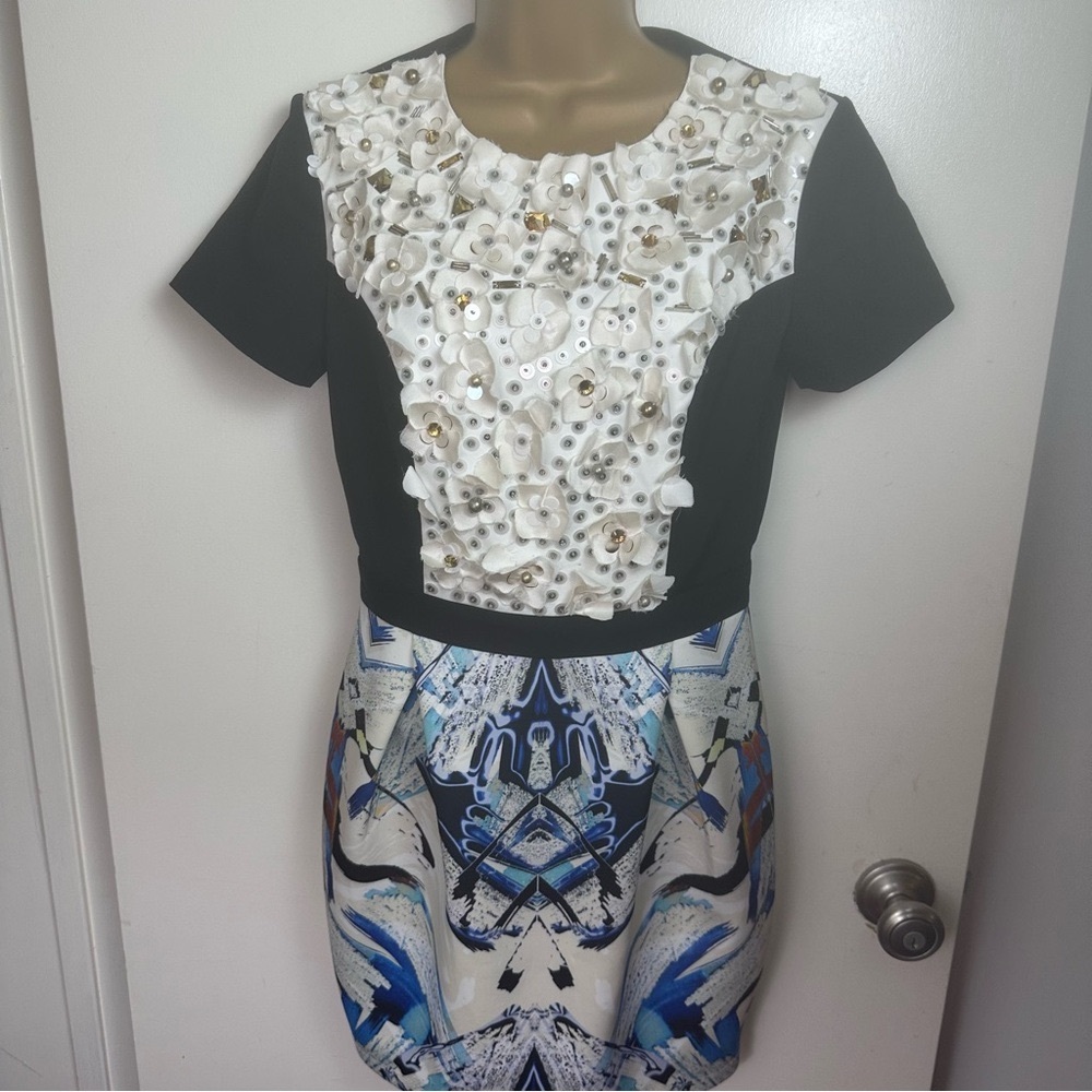 Sachin + Babi Noir Sequin Beaded 3-D Floral Design & Blue/Black Artsy Dress 4